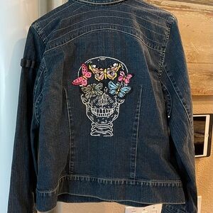Jean Jacket Hand Embroidered Accents Large Skeleton Butterflies